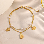 Ocean 304 Stainless Steel & Plastic Pearl Starfish Turtle Conch Shap Charm Double Layer Anklets for Women, White, Golden, 8-1/2 inch(215mm)(AJEW-D070-01G)