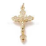 Brass Micro Pave Clear Cubic  Zirconia Pendants, with Jump Rings, Cadmium Free & Lead Free, Crucifix Cross, Real 18K Gold Plated, 35x19.5x4mm, Jump Ring: 5x1mm, 3mm Inner Diameter(X-ZIRC-L099-013G)