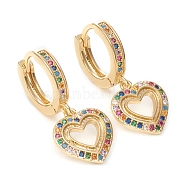 Brass Micro Pave Cubic Zirconia Huggie Hoop Earrings, Long-Lasting Plated, Heart, Colorful, Golden, 30mm, Pin: 1mm(EJEW-G276-11G)