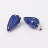 Teardrop Brass Gemstone Pendants, Dyed & Heated, Platinum, Natural Lapis Lazuli, 34x15mm, Hole: 4.5x3mm(G-N0147-10A)