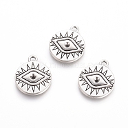Rack Plating Tibetan Style Alloy Pendant Rhinestone Settings, Flat Round with Evil Eye, Antique Silver, 19.5x15.5x2mm, Hole: 1.5mm, Fit For SS3.5(1.4~1.5mm) Rhinestone(TIBEP-L005-08AS)