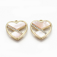 Brass Micro Pave Clear Cubic Zirconia Charms, with Shell, Nickel Free, Real 18K Gold Plated, Heart, Seashell & Pink Color, 13.5x13.5x2mm, Hole: 1mm(KK-R117-004-NF)