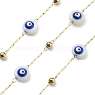 304 Stainless Steel Cable Chains, with Shell & Enamel, Textured Oval Link Chains, Soldered, with Spool, Flat Round with Evil Eye, Real 18K Gold Plated, 6~6.5x3.5mm, about 32.81 Feet(10m)/Roll(CHS-K018-19G-01)