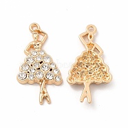 Rack Plating Eco-friendly Alloy Pendants, with Glass Crystal Rhinestone, Dancing Ballet Girl Charm, Golden, 31x16x3mm, Hole: 1.6mm(FIND-A025-05P)