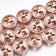 Electroplate Non-magnetic Synthetic Hematite Beads Strands, Flat Round with Tree of Life, Rose Gold Plated, 12~13x4.5mm, Hole: 1mm, about 33pcs/strand, 15.9 inch(X-G-T061-180RG)