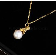 925 Sterling Silver Cat with Natural Pearl Pendant Necklace, Golden, 15.94 inch(40.5cm)(JN1117A)