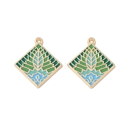 Rack Plating Alloy Enamel Pendants, Rhombus with Leaf Charm, Cadmium Free & Nickel Free & Lead Free, Dark Sea Green, 28x25x2mm, Hole: 1.5mm(FIND-I038-04D)