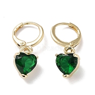 Real 18K Gold Plated Brass Heart Dangle Leverback Earrings, with Heart Glass, Dark Green, 25x8.5mm(EJEW-L269-046G-02)