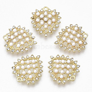 Golden Plated Alloy Pendants, with Crystal Rhinestone and ABS Plastic Imitation Pearl, Heart, Creamy White, 18x17x4mm, Hole: 1.4mm(X-PALLOY-N154-07)