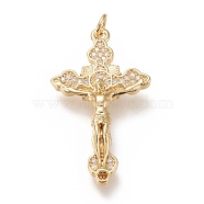 Brass Micro Pave Clear Cubic  Zirconia Pendants, with Jump Rings, Crucifix Cross, Real 18K Gold Plated, 35x19.5x4mm, Jump Ring: 5x1mm, 3mm Inner Diameter(X-ZIRC-L099-013G)