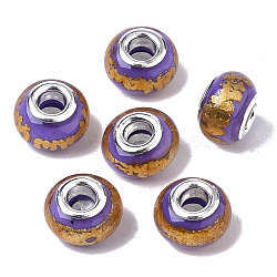 Resin European Beads, Large Hole Beads, with Brass Cores and Golden Foil, with Silver Foil Stripe, Rondelle, Platinum, MediumOrchid, 14x9mm, Hole: 5mm(RPDL-N014-01D)