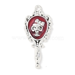 Halloween Rack Plating Alloy Enamel Pendants, Cadmium Free & Nickel Free & Lead Free, Mirror with Skull Charm, Antique Silver, 35.5x15x3mm, Hole: 1.6mm(PALLOY-F018-26AS-02)