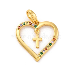 Brass Micro Pave Cubic Zirconia Pendants, Long-Lasting Plated, Lead Free & Cadmium Free, Gold, Heart with Cross, Colorful, 20x19.5x2mm, Hole: 3x5mm(KK-U033-10G-02)