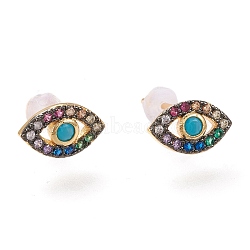 Colorful Cubic Zirconia Horse Eye Stud Earrings, Brass Jewelry for Women, Golden, 6x10mm, Pin: 0.8mm(ZIRC-SZ0004-32G)