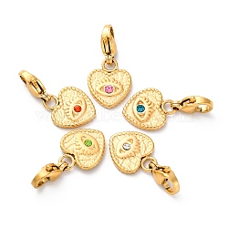 Heart 304 Stainless Steel Rhinestone Pendant Decorations, with Lobster Claw Clasp, Real 14K Gold Plated, Mixed Color, 21.5mm(STAS-I331-14G-A)