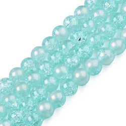 Translucent Crackle Glass Beads Strands, with Glitter Powder, Round, Pale Turquoise, 8x7.5mm, Hole: 1mm, about 100~105Pcs/strand, 31.50 inch~33.07 inch(80cm~84cm)(CCG-T003-01G)