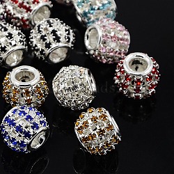 Brass Rhinestone European Beads, Large Hole Beads, Rondelle, Silver Color Plated, Mixed Color, 12x10mm, Hole: 4mm(RB-I066-M-S)