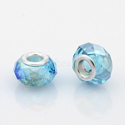 AB Color Plated Glass European Beads, Large Hole Rondelle Beads, with Silver Color Plated Brass Cores, Faceted, Deep Sky Blue, 14x9mm, Hole: 5mm(GPDL-J026-AB04)