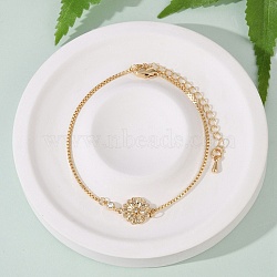 Brass Micro Pave Cubic Zirconia Birthday Flower Link Bracelets, Box Chain Jewelry for Women, Real 18K Gold Plated, April Daisy, 7 inch(17.7cm), 57mm extender chain, pendant: 10.5x14.5x2mm(BJEW-U031-01G-04)