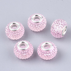 Resin Rhinestone European Beads, Large Hole Beads, with Platinum Tone Brass Double Cores, AB Color, Rondelle, Berry Beads, Pink, 14x10mm, Hole: 5mm(RPDL-T002-04H)