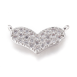 Brass Micro Pave Cubic Zirconia Links Connectors, Heart, Clear, Platinum, 5.5x15x2mm, Hole: 0.8mm(KK-D159-10P)