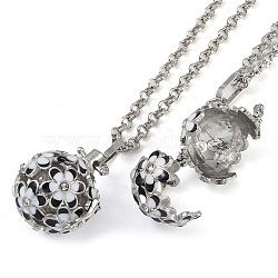 Brass Enamel with Rhinestone Pendant Necklaces, Iron Rolo Chains, Round with Flower Pattern, Platinum, Black, 31.89 inch(810mm)(NJEW-G089-09A-01)