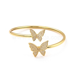 Clear Cubic Zirconia Butterfly Cuff Bangle, Brass Micro Pave Cubic Zirconia Open Bangle for Women, Lead Free & Cadmium Free, Real 18K Gold Plated, Inner Diameter: 2-1/8 inch(5.5cm)x2-1/8 inch(5.3cm)(BJEW-I298-06G)