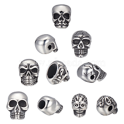 10Pcs 5 Style 304 Stainless Steel Beads, Large Hole Beads, Skull, Antique Silver, 11~20x7.8~11x9~14mm, Hole: 2~8mm, 2pcs/style(STAS-UN0043-53)