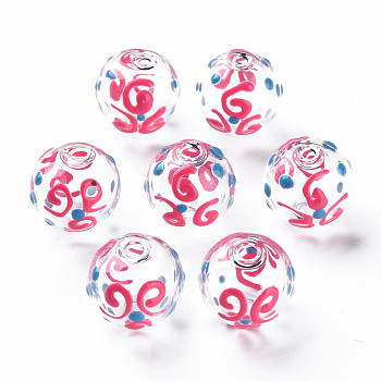 Transparent Glass Enamel Beads, Round with Vortex, Camellia, 14x13~14mm, Hole: 2mm