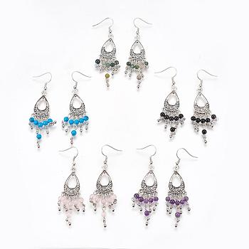 Tibetan Style Alloy Natural & Synthetic Mixed Stone Chandelier Earrings, with Brass Earring Hooks, 70mm, Pin: 0.6mm
