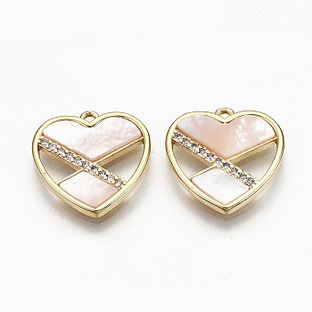 Brass Micro Pave Clear Cubic Zirconia Charms, with Shell, Nickel Free, Real 18K Gold Plated, Heart, Seashell & Pink Color, 13.5x13.5x2mm, Hole: 1mm
