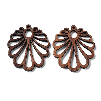 Walnut Wood Laser Cut Pendants, Hollow Charms, Undyed, Flower, 34.5x30x2.4mm, Hole: 1.6mm