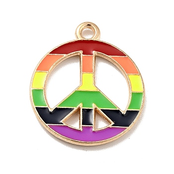 Rainbow Color Alloy Enamel Pendants, Flat Round with Peace Sign Charms, Light Gold, Colorful, 20.5x17.5x1.5mm, Hole: 1.6mm
