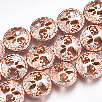 Electroplate Non-magnetic Synthetic Hematite Beads Strands, Flat Round with Tree of Life, Rose Gold Plated, 12~13x4.5mm, Hole: 1mm, about 33pcs/strand, 15.9 inch