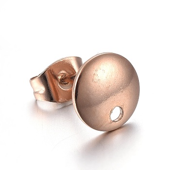 Ion Plating(IP) Stainless Steel Stud Earring Findings, Flat Round, Rose Gold, 8x1mm, Hole: 1.5mm, Pin: 0.7mm