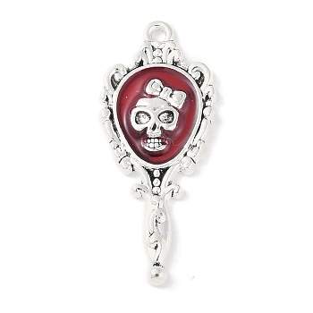 Halloween Rack Plating Alloy Enamel Pendants, Cadmium Free & Nickel Free & Lead Free, Mirror with Skull Charm, Antique Silver, 35.5x15x3mm, Hole: 1.6mm