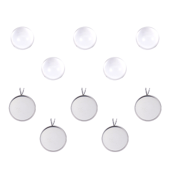 DIY Pendants Making, with 304 Stainless Steel Cabochon Settings and Clear Half Round Glass Cabochons, Flat Round, Stainless Steel Color, Cabochons: 18x9.5~10mm, Settings: 24x19.5x2mm, 2pcs/set