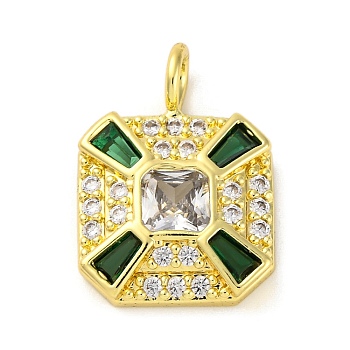 Brass Pendants with Cubic Zirconia and Glass, Electrophoretic Color Preservation, Square Charms, Golden, 19.5x14x5mm, Hole: 3mm