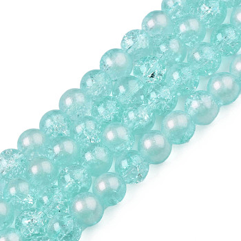 Translucent Crackle Glass Beads Strands, with Glitter Powder, Round, Pale Turquoise, 8x7.5mm, Hole: 1mm, about 100~105Pcs/strand, 31.50 inch~33.07 inch(80cm~84cm)