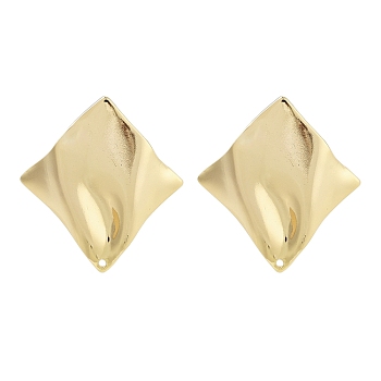 Brass Stud Earrings Findings, Real 18K Gold Plated, Rhombus, 28x25mm, Hole: 1mm, Pin: 12x0.8mm