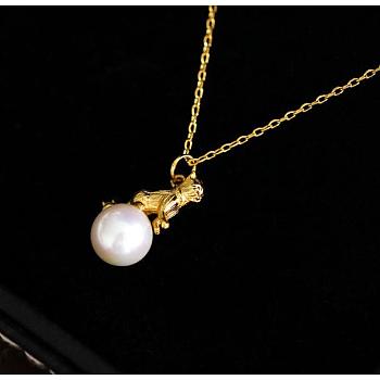 925 Sterling Silver Cat with Natural Pearl Pendant Necklace, Golden, 15.94 inch(40.5cm)