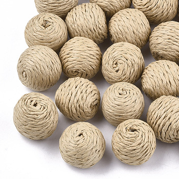 Handmade Woven Beads, Paper Imitation Raffia Covered with Wood, Round, BurlyWood, 21~23x20~22mm
