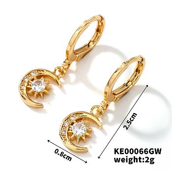 Fashionable Copper Inlaid Zircon Hoop Earrings, Elegant and Versatile Ear Accessories, Golden, Moon, 25x8mm