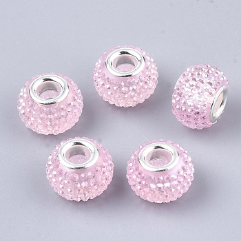 Resin Rhinestone European Beads, Large Hole Beads, with Platinum Tone Brass Double Cores, AB Color, Rondelle, Berry Beads, Pink, 14x10mm, Hole: 5mm