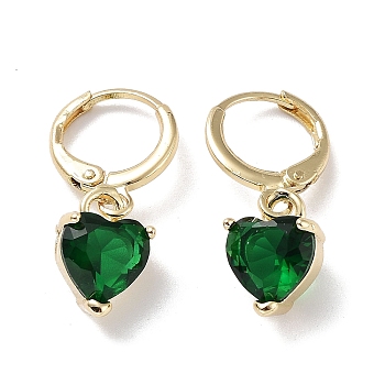 Real 18K Gold Plated Brass Heart Dangle Leverback Earrings, with Heart Glass, Dark Green, 25x8.5mm