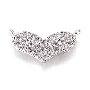 Brass Micro Pave Cubic Zirconia Links Connectors, Heart, Clear, Platinum, 5.5x15x2mm, Hole: 0.8mm