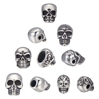10Pcs 5 Style 304 Stainless Steel Beads, Large Hole Beads, Skull, Antique Silver, 11~20x7.8~11x9~14mm, Hole: 2~8mm, 2pcs/style