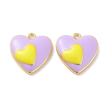 Brass Enamel Pendants, Real 18K Gold Plated, Heart Charm, Lilac, 18.5x18x5mm, Hole: 1.8mm