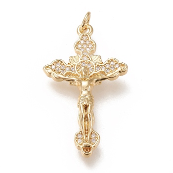Brass Micro Pave Clear Cubic  Zirconia Pendants, with Jump Rings, Crucifix Cross, Real 18K Gold Plated, 35x19.5x4mm, Jump Ring: 5x1mm, 3mm Inner Diameter