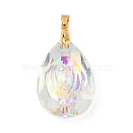 AB Color Plated Transparent Glass Pendants, Teardrop Charm, with Golden Brass Pinch Bails, Faceted, Clear AB, 47x26.5x11mm, Hole: 6.5x4.5mm(PALLOY-JF05676)